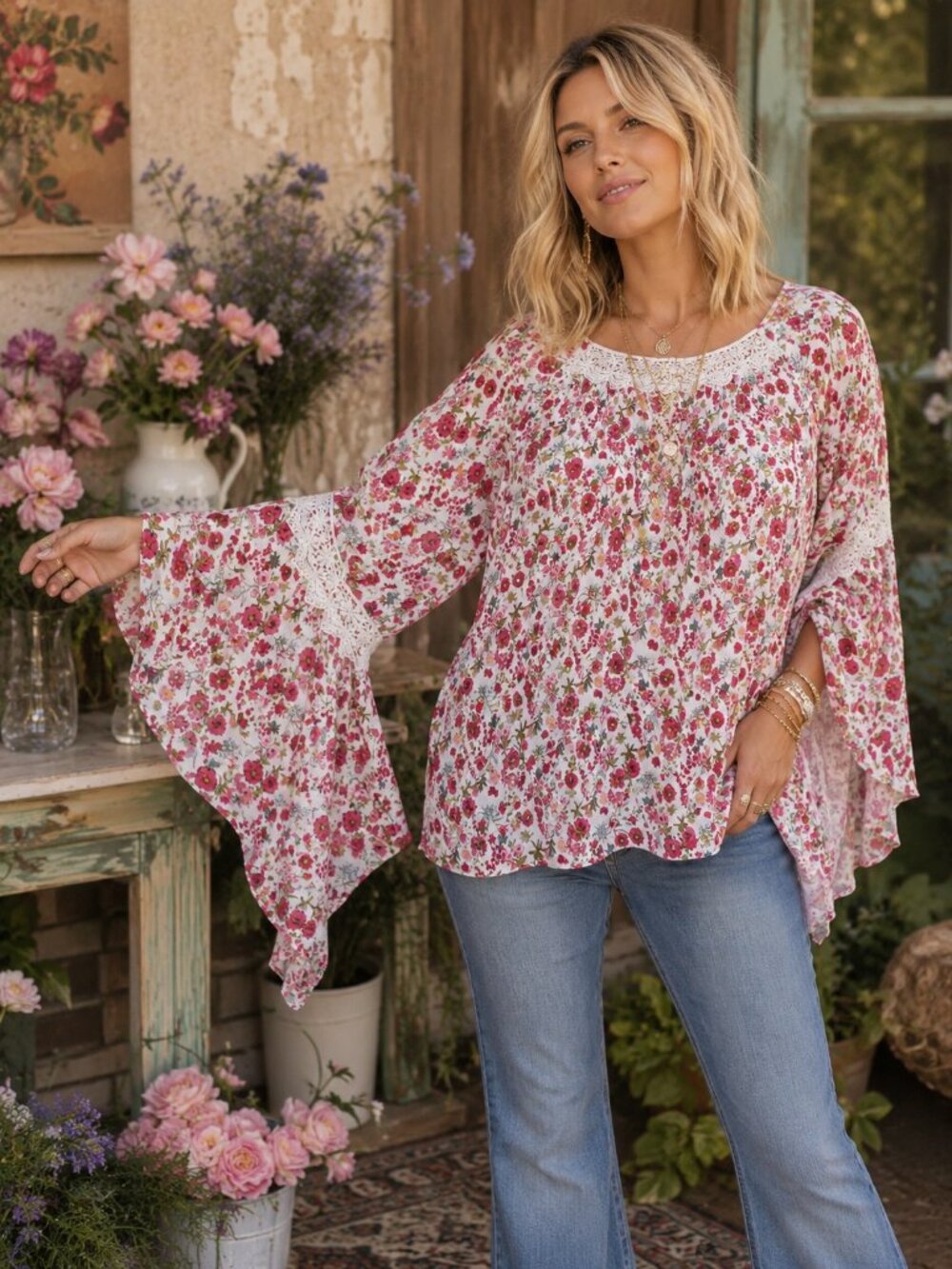 easel White and Red Floral Off-Shoulder Peasant Top